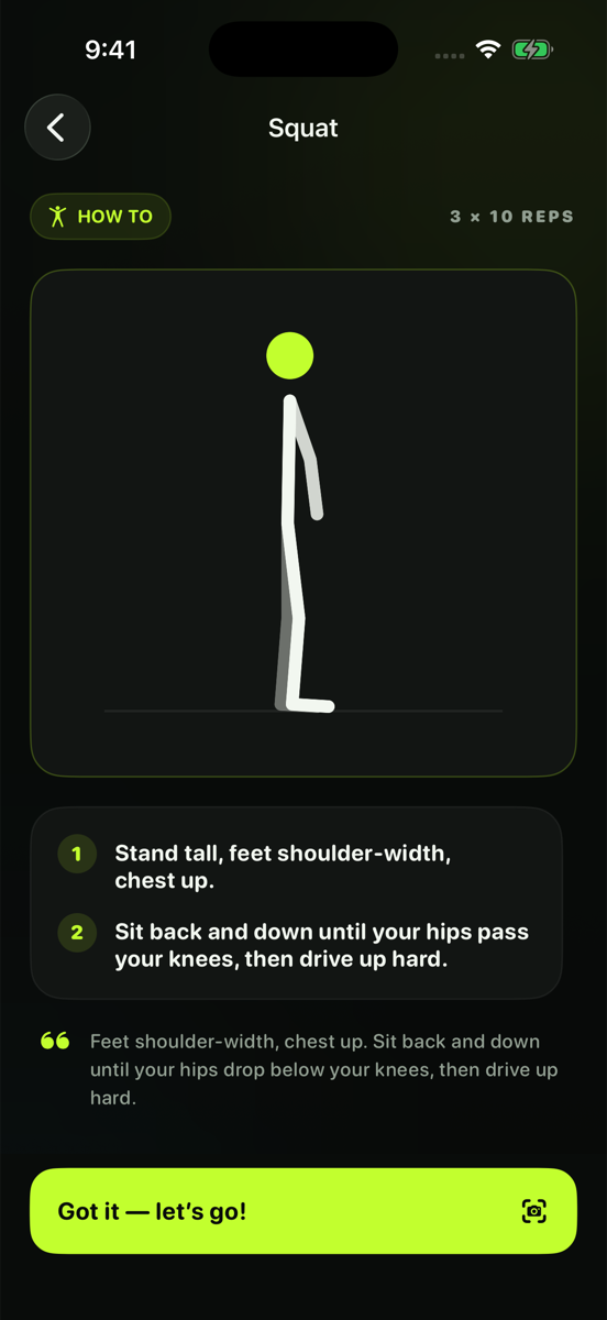 Exercise intro screen with an animated figure demonstrating the squat
