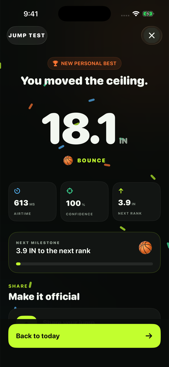 JumpHigh result screen showing a new personal best of 18.1 inches and the Bounce rank